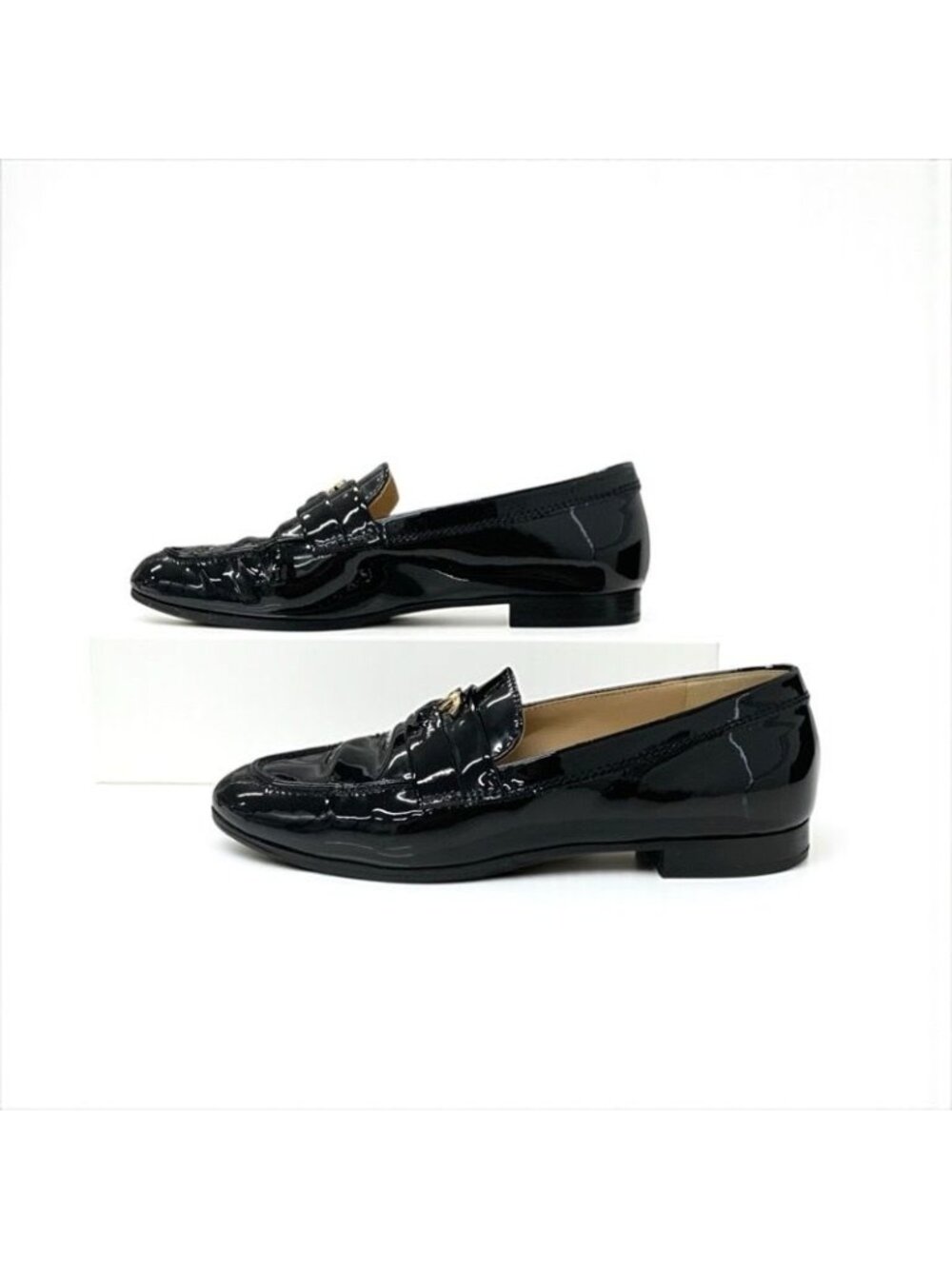 Chanel Loafer Leather Shoes Enamel Black Gold Coco Mark - Picture 3 of 10